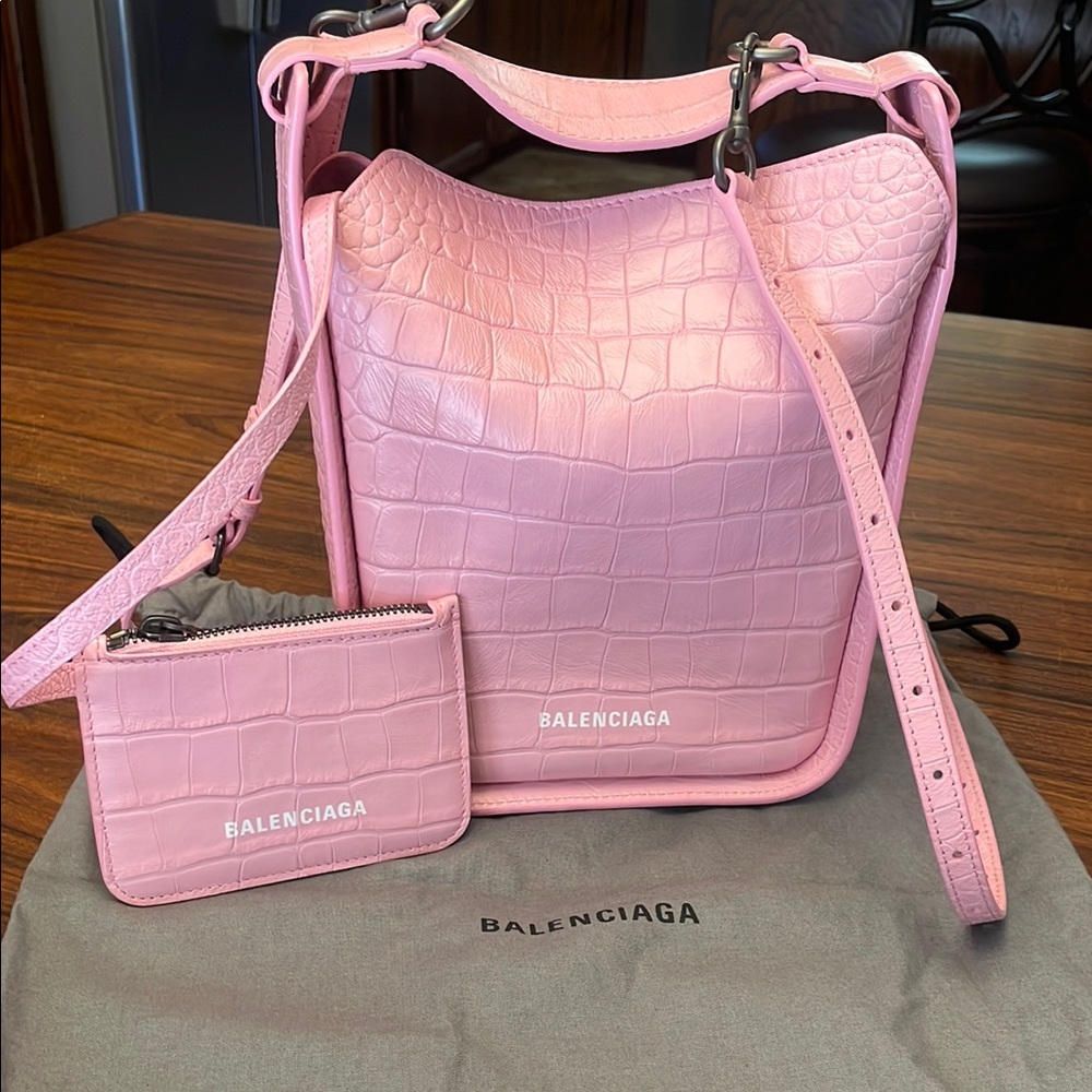 Balenciaga Tool 2.0 XS Croc embossed pink tote, crossbody strap and coin pouch